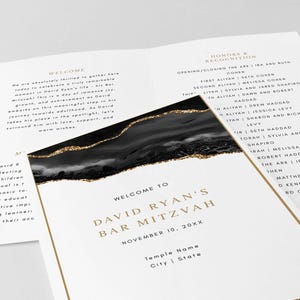 Bar Mitzvah Program Template, Black Agate with Gold Accents, Folded Page Design, Digital Download, Editable Template  #337