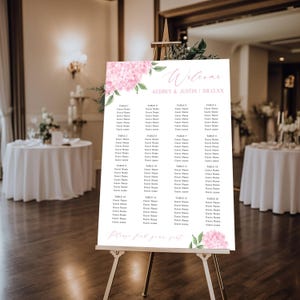 Pink Hortensie Sitzplan Schild-Mehrere Größen | Selbstbearbeitungs- Tabelle hinzufügen / entfernen | rosa Blumenmuster Digitaler Download, bearbeitbare Vorlage 427