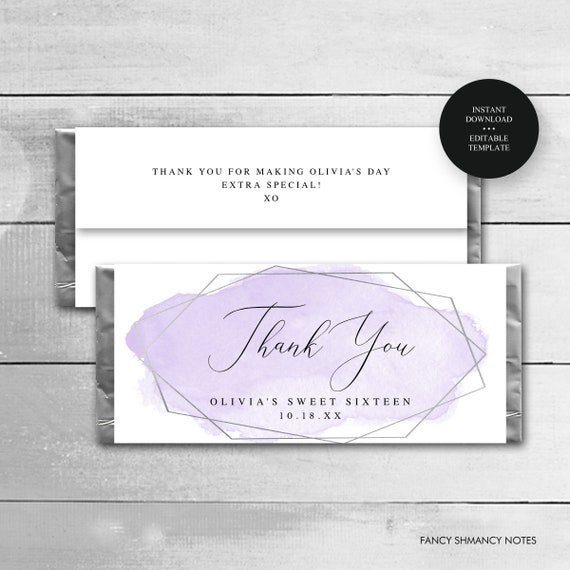 Purple And Silver Candy Bar Party Favor Wrapper Watercolor Silver 