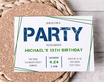 Simple Birthday Invitation-Edit Yourself-All Text and Colors,  4x6" or 5x7", Any Age-Teen Tween Boys, Print/Text Corjl Editable Template-082