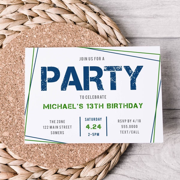 Simple Birthday Invitation-Edit Yourself-All Text and Colors,  4x6" or 5x7", Any Age-Teen Tween Boys, Print/Text Corjl Editable Template-082