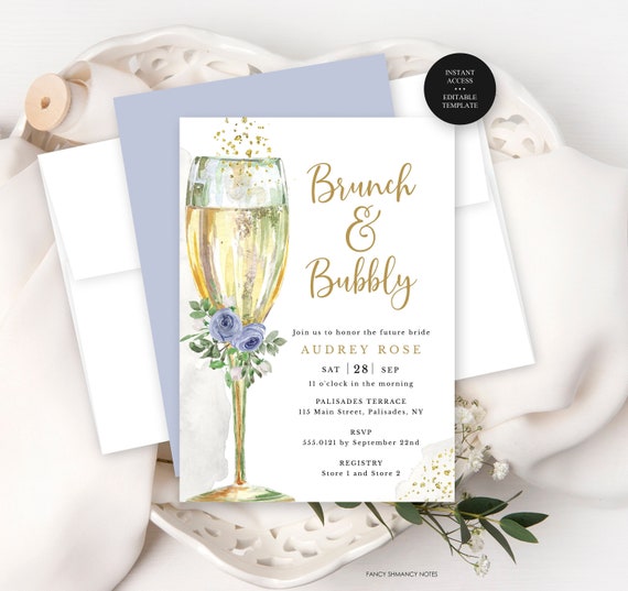 Blue Floral Brunch and Bubbly Champagne Glass Bridal Shower Invitation Template, Editable Text, Printable Digital File, Instant Access, #156 Il_570xn