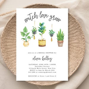 Watch Love Grow Bridal Shower Invitation, Edit Online, House Plants and Succulents, Print or Text, Digital Download, Editable Template 028