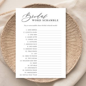 Buchstaben-Rätsel-Brautparty-Spiel | Schwarz & Weiß Chic Script, minimalistischer Stil |  5X7" Druckkarten | Sofortiger Download 177