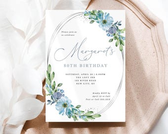 Verjaardagsuitnodiging bewerkbare sjabloon blauwe bloemen zilveren frame-elk jaar vrouw volwassen meisje, zelfbewerken direct downloaden, Corjl-sjabloon 188