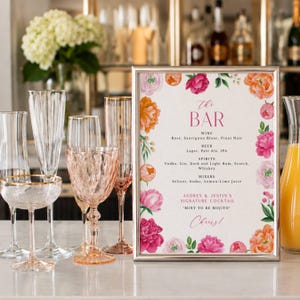 Editable Bar Menu, Pink Orange Peony Floral Border | Editable Template 119