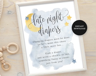 Late Night Diapers, Baby Shower Activity, Over the Moon, Moon and Stars, Instant Download, Printable File #721