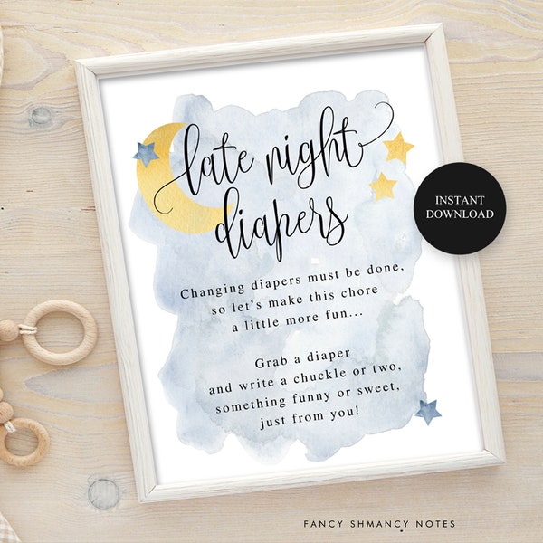 Late Night Diapers, Baby Shower Game Activity, Blue Over the Moon, Moon and Stars Baby Shower Games, Printable File, Instant Download #721