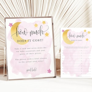 Pink Over the Moon Guess the Right Price Baby Shower Game, Pink Moon and Stars Theme, Instant Digital  Download, Printable File #721