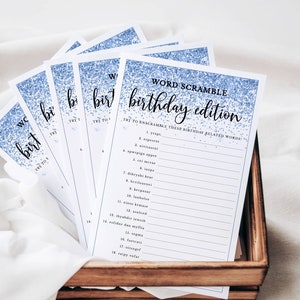 Geburtstag Party Spiele für Sie, Blau Glitter Konfetti, Wortsuche Geburtstagsausgabe mit Antworten, printable File Instant Download-134