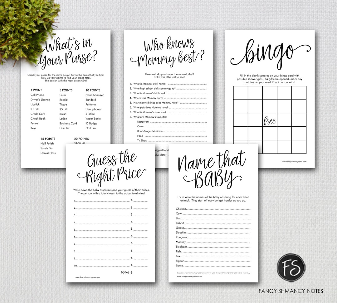 Printable Script Baby Shower Games Package, Printable Black and White Shower Games Digital Files ...
