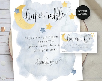 Blue Over the Moon Baby Shower Luier Loterij Ticket en displaybord, maan en sterren thema, instant digitale download, afdrukbaar bestand #721