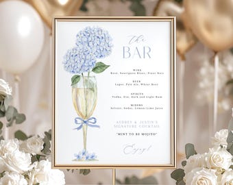 Blue Hydrangea Bar Menu Sign, Champagne Glass Wedding Drink Menu, Corjl Editable Template 428