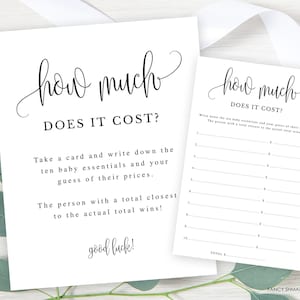 Printable How Much Does it Cost Baby Shower Game, Black and White Gender Neutral Minimalist Calligraphy Script, Instant Download 916