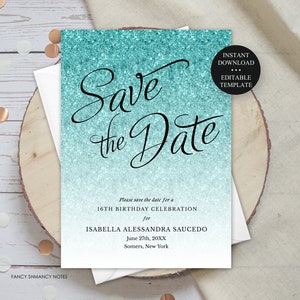 Editable Save the Date Announcement Aqua Blue Sparkle Glitter Teen Adult Fancy Script, Print or Text, Instant Download, Corjl Template 2147 image 1