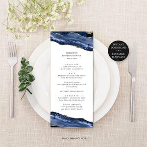 Blue Agate Dinner Menu Template, Gold Accents, CORJL Template -137