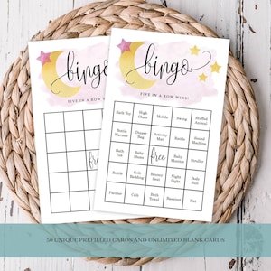 Pink Over the Moon Baby Shower Bingo Game | Pink Moon & Stars | 50 Unique Prefilled Bingo Cards and Blank Cards, Instant Download 721