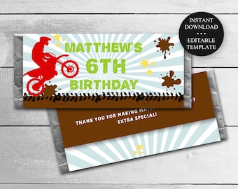 Dirt Bike Personalized Birthday Favor Candy Bar Wrapper, Editable Text, Motocross Design, Instant Download Printable Digital File, #013