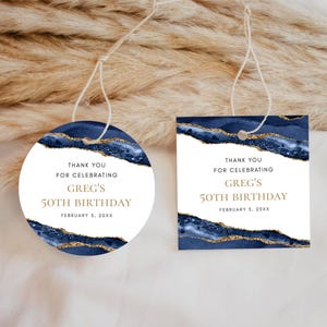 Blue and Gold Agate Editable Party Favor Tags or Stickers 3 Sizes Circle or Square, Self-Edit Text Instant Download CORJL Template-137