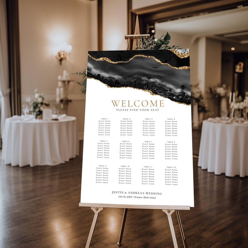 Black and Gold Agate Editable Seating Chart Sign Multiple Sizes, Self ...