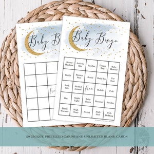 Gouden maan en sterren babybingospel | 50 voorgevulde, blanco visitekaartjes | Blauw aquarelontwerp | Afdrukbare pdf direct downloaden #703