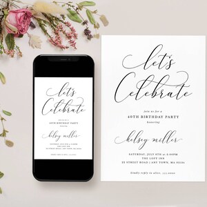 Invito a festeggiare, semplice bianco e nero elegante testo/colori completamente modificabili, download immediato, modello modificabile Corjl 120