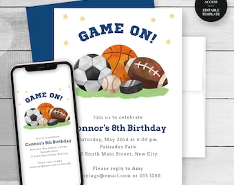 Sports Theme Birthday Party Editable Invitation, Self-Edit-Any Age Boys Kids Tween Teen, Print or Text, Instant Download, Corjl Template-015