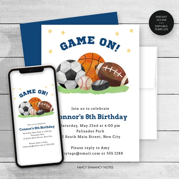 Sports Theme Birthday Party Editable Invitation, Self-Edit-Any Age Boys Kids Tween Teen, Print or Text, Instant Download, Corjl Template-015