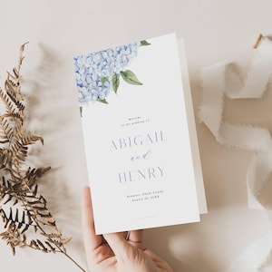 Wedding Program, Blue Hydrangea Blooms Folded Program, CORJL Editable Template #428 image 2