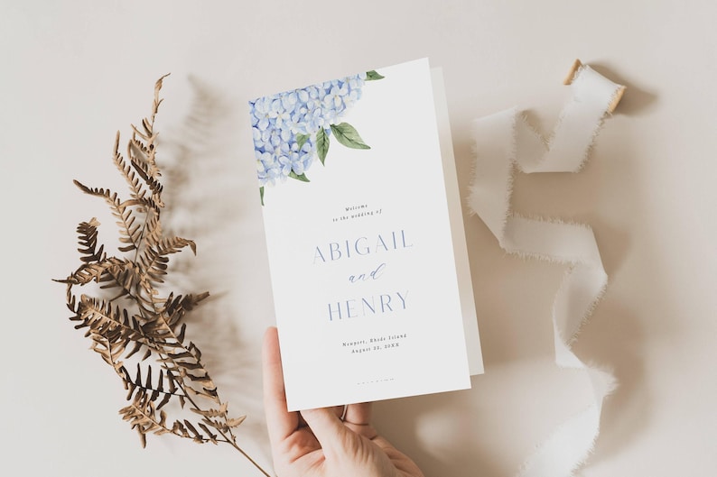 Wedding Program, Blue Hydrangea Blooms Folded Program, CORJL Editable Template #428 image 2