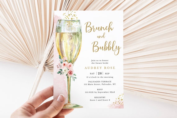 Brunch and Bubbly Champagne Glass Bridal Shower Editable Invitation Template, Pink and Gold, Printable Digital File, Instant Access, #418 Il_570xn