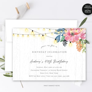 Garden Party Eitable Birthday Invitation Watercolor Flowers and String Lights, Print/Text, Instant Download, Corjl Template 6275
