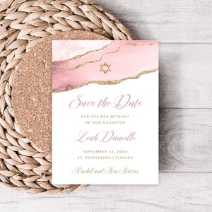 Bat Mitzvah Save the Date Template, 4x6" | Różowy i złoty wzór agatu z opcjonalną złotą gwiazdą | Pobieranie cyfrowe, edytowalny szablon-166