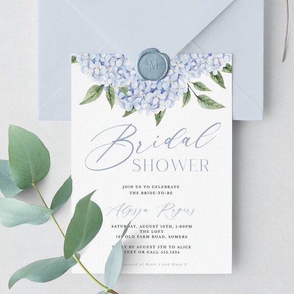 Blue Hydrangea Bridal Shower Editable Invitation, Blue Flowers, Self-Edit Text, Instant Download, Print/Text, CORJL Template -428