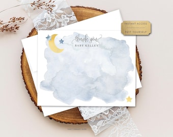 Blue Over the Moon Editable Thank You Flat Note Card, Blue Moon and Stars Theme, Personalize Online, Editable Template #721