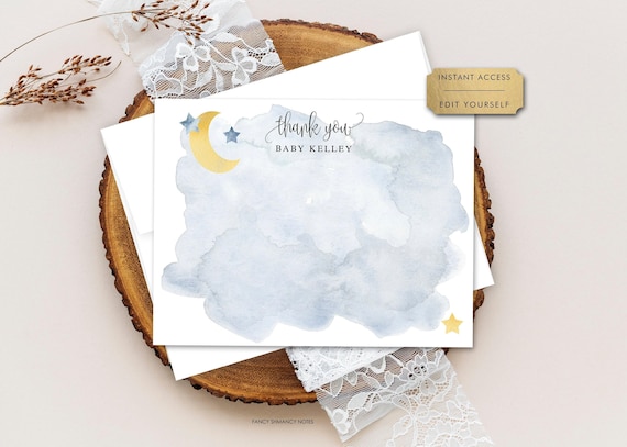 Blue Over the Moon Editable Thank You Flat Note Card, Blue Moon and Stars Theme, Personalize Online, Editable Template #721