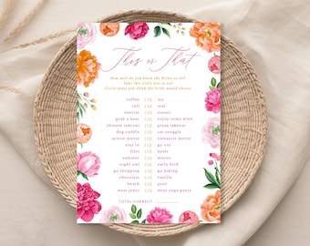 Roze pioenroos bloeit dit of dat vrijgezellenfeest Spel | Roze en oranje lijst met heldere pioenrozen |  Afdrukbare kaarten van 5 x 7 inch | Direct downloaden 119