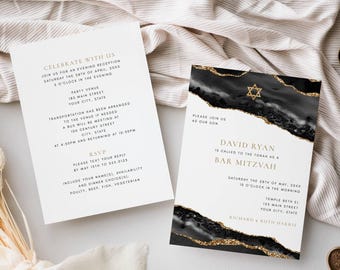 Bar Mitzvah All in One Editable Invitation | Black and Gold Agate Star of David Design | Double Sided 5x7 Invite | Editable Template 337
