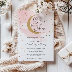 Over the Moon Pink Baby Girl Shower Invitation Editable Template | Gold Glitter Moon and Stars | Edit Online, Digital Download  #703