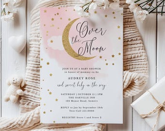 Over the Moon Pink Baby Girl Shower Invitation Editable Template | Gold Glitter Moon and Stars | Edit Online, Digital Download  #703