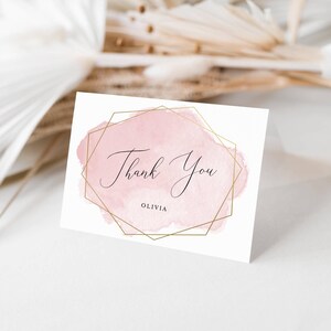 Roze aquarel bedankkaart bewerkbare sjabloon | Gepersonaliseerde gouden lijst gevouwen notitie, A2 formaat | Online bewerken, digitale download 010