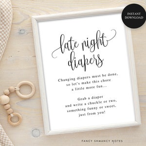 Late Night Diapers, Baby Shower Game Activity, Script Calligraphy, Black and White Gender Neutral Printable File, Instant Download #916