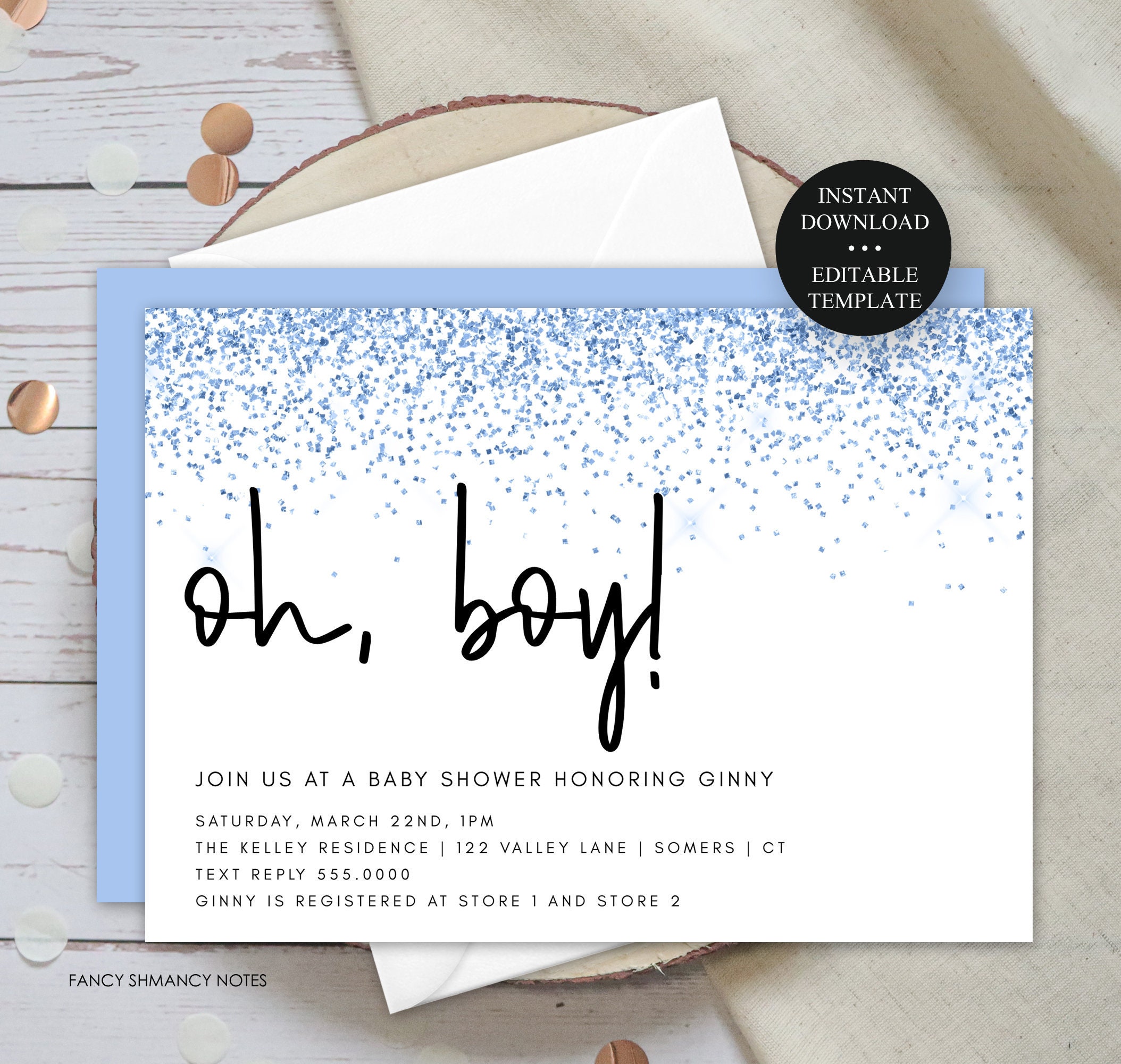 Oh Boy Blue & Gold Glitter Dots Printable Baby Shower Invitation Editable PDF 