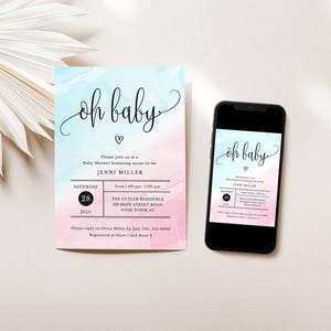 Pink and Blue Baby Shower Editable Invitation, Oh Baby Gender Neutral, Reveal, Instant Download, Print or Text, CORJL Template 1233