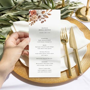 Herbstmenüvorlage, Terrakottablumen-Abendmenü, rustikales Herbstblumenmuster, zu Hause bearbeiten und drucken, 4x9-Zoll-Corjl-bearbeitbare Vorlage 124