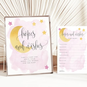 Tarjetas de consejos y letreros con deseos y esperanzas para bebés "Over the Moon Baby", tema de luna y estrellas rosa, descarga instantánea, archivo imprimible n.° 721