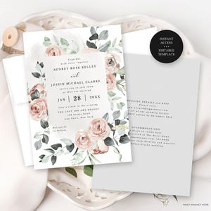 Dusty Rose Modern All in One Editable Wedding Invitation Template Framed Blush Pink Watercolor Roses Self-Edit Corjl Editable Template 118