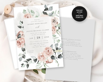 Dusty Rose Modern All in One Editable Wedding Invitation Template Framed Blush Pink Watercolor Roses Self-Edit Corjl Editable Template 118