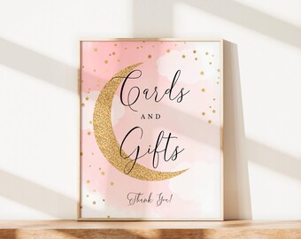 Letrero para baby shower con tarjetas y regalos, rosa sobre la luna, estrellas brillantes y lunares. Descarga instantánea del letrero para baby shower. Archivo imprimible n.° 703.