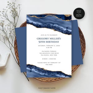 Blue Agate Birthday Editable Invitation, Adult Invite, Self Edit Any Age, Blue Gold Agate, Print/Text, Instant Download, Corjl Template 137